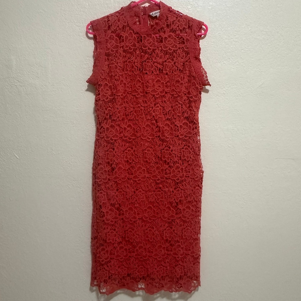 Nanette Lepore‎ Womens Coral Pink Floral Lace Mock Neck Sheath Dress Size 8